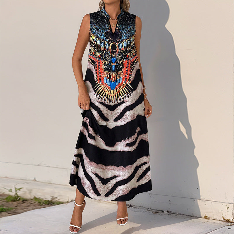 Damen Ärmelloses Maxikleid mit Statement-Halsdruck, Ethno‑Motiv und ausgestellter A‑Linien‑Silhouette Echoarchiv