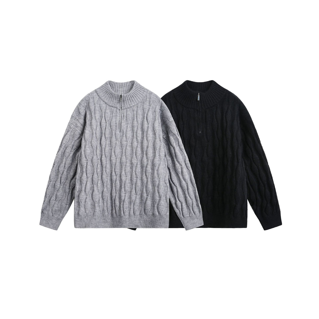 Unisex Grobgestrickter Halfzip-Pullover mit Zopfmuster und Stehkragen Echoarchiv