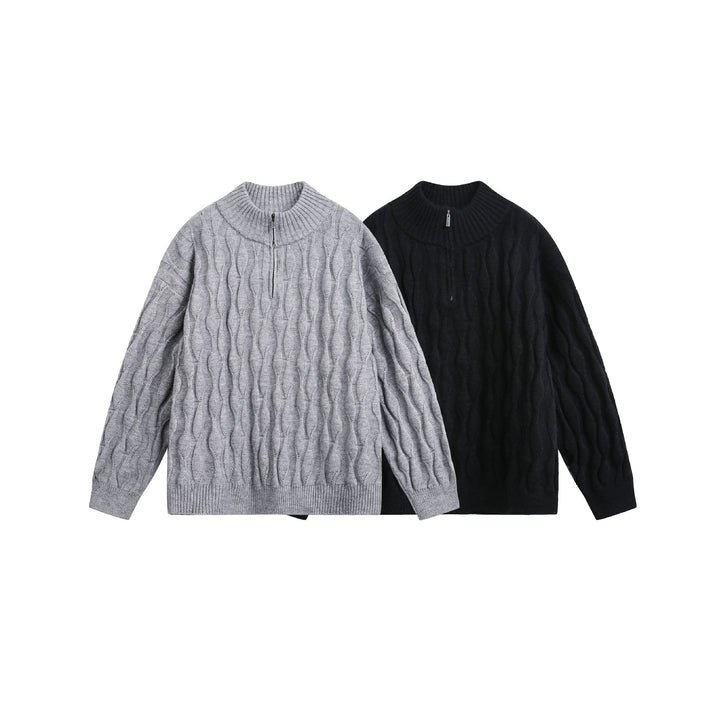 Unisex Grobgestrickter Halfzip-Pullover mit Zopfmuster und Stehkragen Echoarchiv