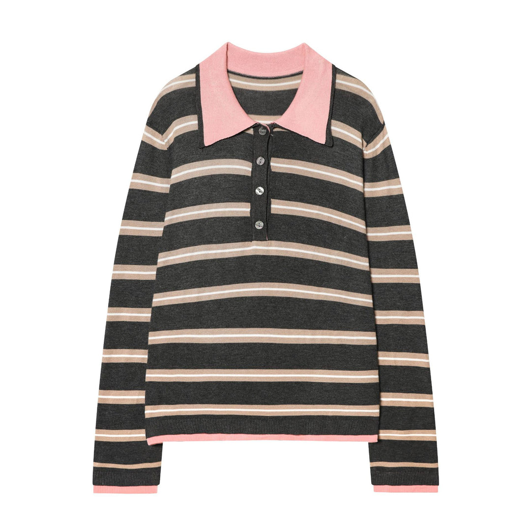 Damen taillierter Strick-Polo mit Kontrastkragen und durchgehender Knopfleiste – Mavelle