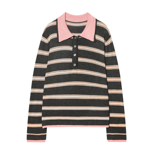 Damen taillierter Strick-Polo mit Kontrastkragen und durchgehender Knopfleiste – Mavelle