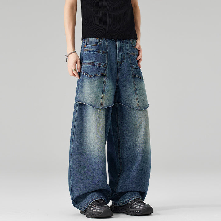 Damen Extraweite Denim-Palazzo-Hose mit aufgesetzten Vorderpanelen und Used-Waschung Echo Archiv