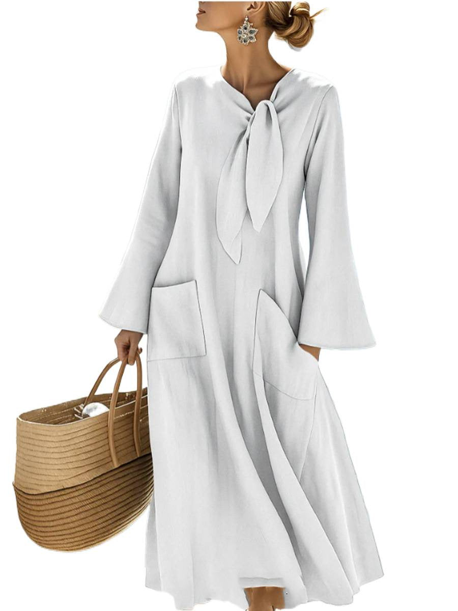 Damen Langes A-Linien-Kleid mit Schleifenkragen und aufgesetzten Taschen Echoarchiv