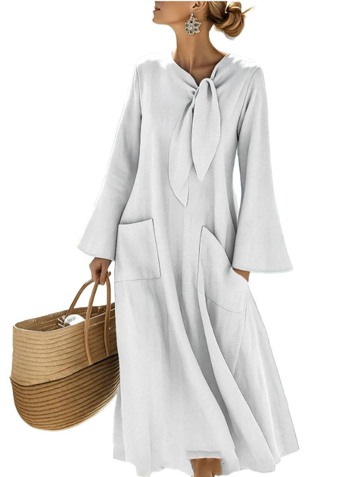 Damen Langes A-Linien-Kleid mit Schleifenkragen und aufgesetzten Taschen Echoarchiv