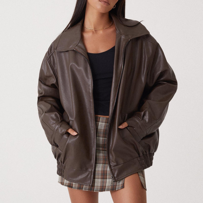 Damen Oversize Kunstleder Blouson mit Reißverschluss und elastischem Saum – Célinea
