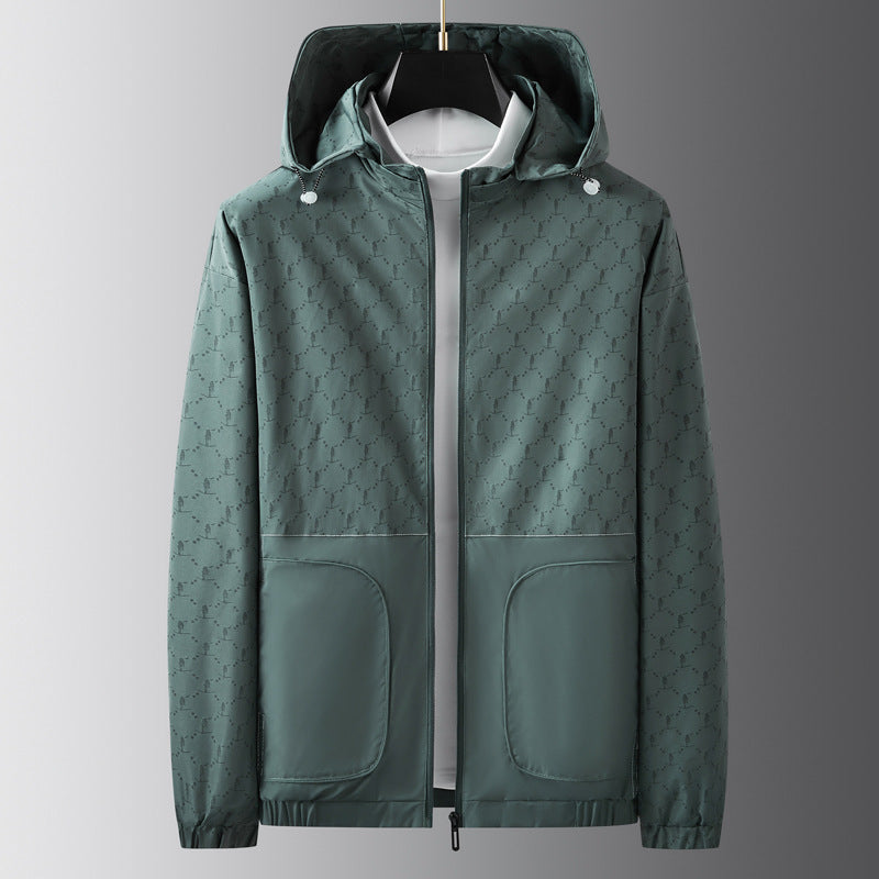 Herren Leichter wasserabweisender Kapuzen-Outdoorblouson mit Allover-Muster und großen Eingrifftaschen Echoarchiv