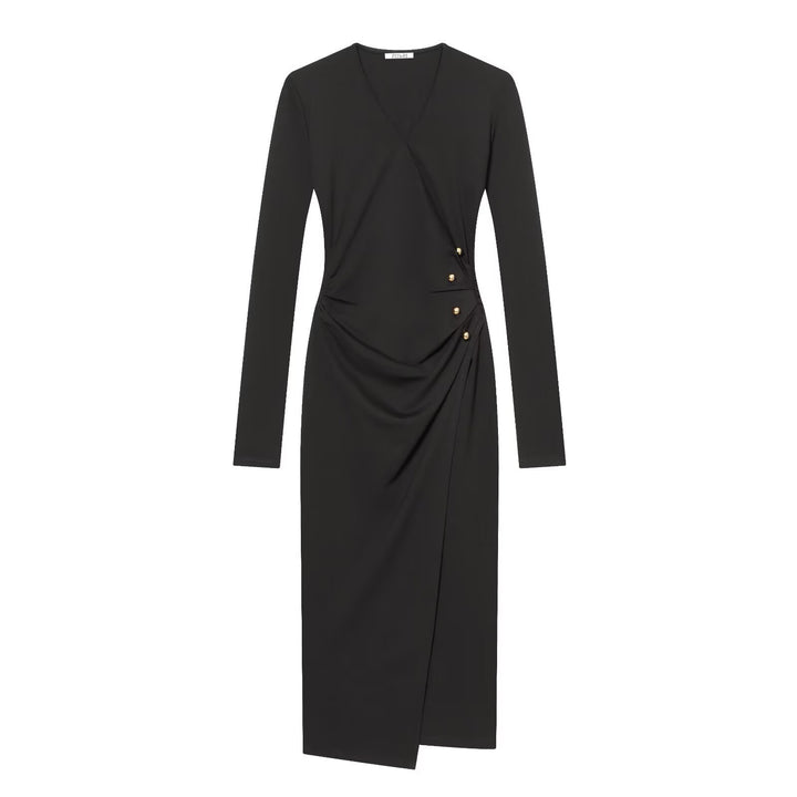 Damen Wickelkleid mit Drapierung, seitlicher Zierknopfleiste und V-Ausschnitt Echoarchiv