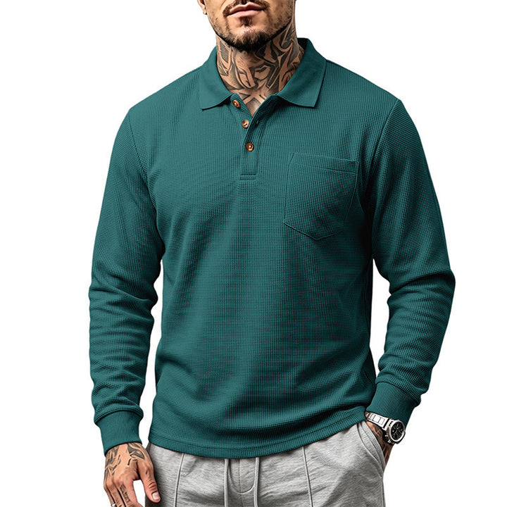 Herren Waffelstruktur-Poloshirt mit Brusttasche und Holzknöpfen Echoarchiv