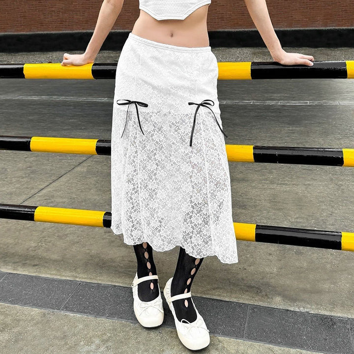 Damen eleganter Spitzenrock mit transparenten Einsätzen und raffinierten Bindebändern Echo Archiv