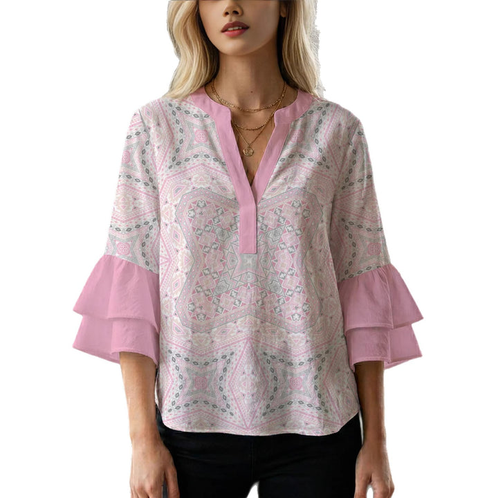 Damen Bluse mit voluminösen Rüschenärmeln und kreativem Floraldesign Echo Archiv