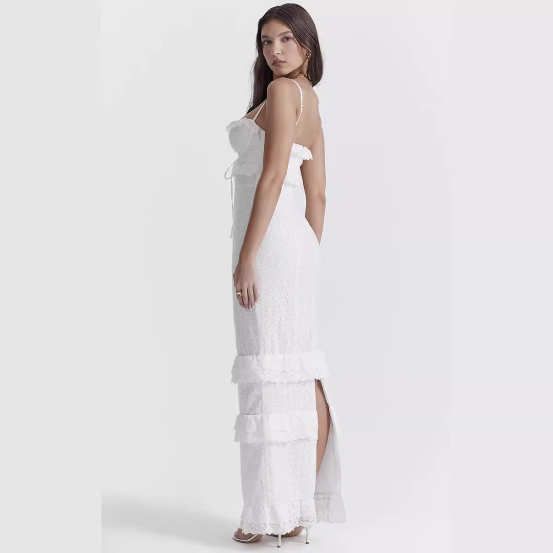 Damen elegantes Spitzen-Maxikleid mit Rüschendetails und schmalen Spaghettiträgern Echo Archiv