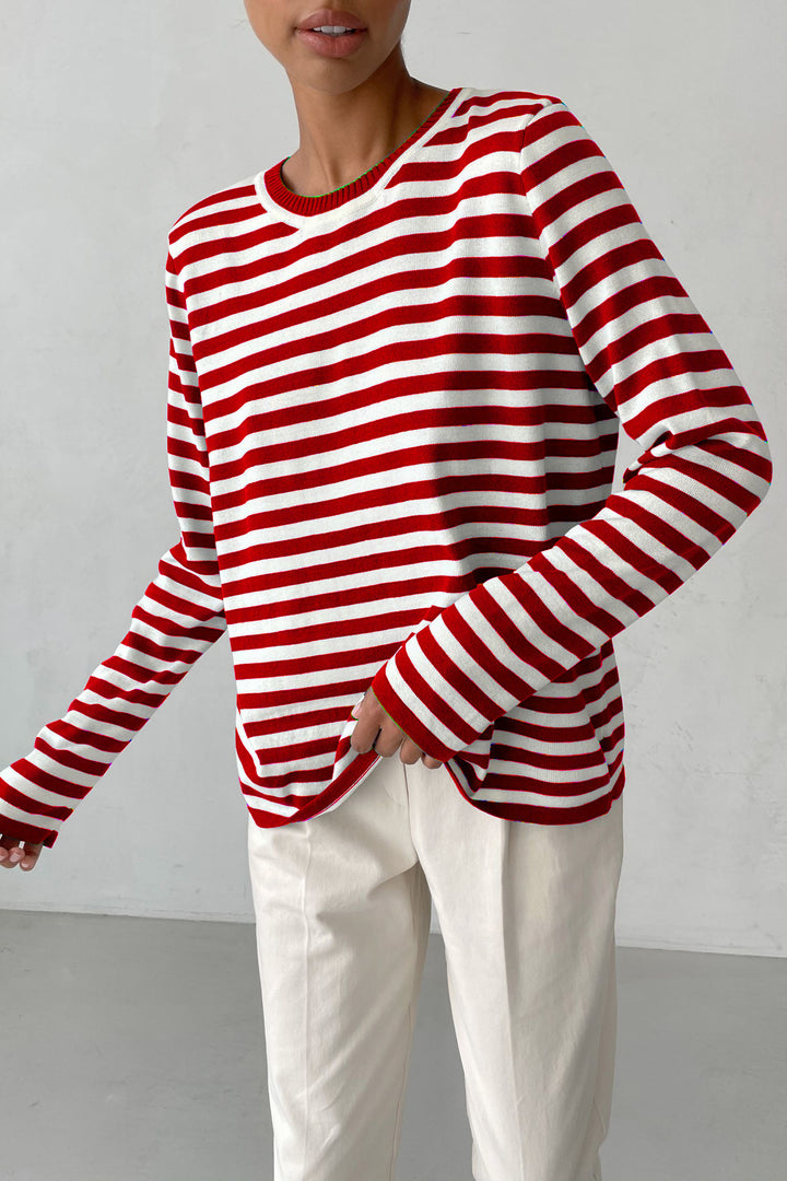 Damen nan gestreifter Baumwollpullover mit Rundhals und legerer Passform Echo Archiv