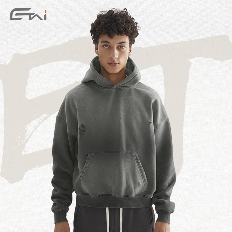 Herren Oversize-Kapuzenpullover mit verwaschenem Used-Effekt und Destroyed-Details Echo Archiv