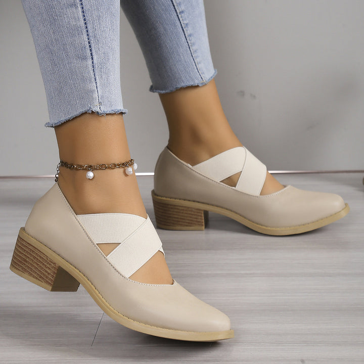 Damen Slipper-Pumps mit kreuzenden Elastikriemen und Blockabsatz Echoarchiv