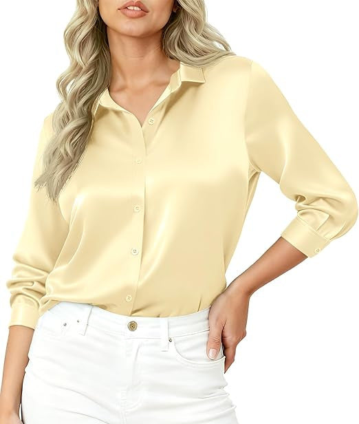 Damen Seidiges Satin-Blusenshirt mit Hemdkragen und dreiviertel Ärmeln – Élovi