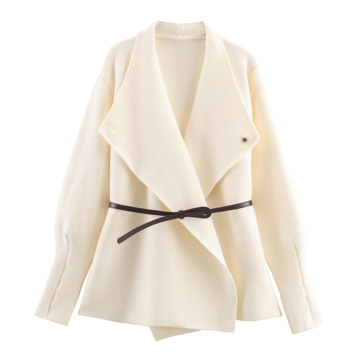 Damen Kurzgeschnittener Wollmix-Cardigan-Mantel mit weitem Schalkragen und schmalem Bindegürtel Echoarchiv