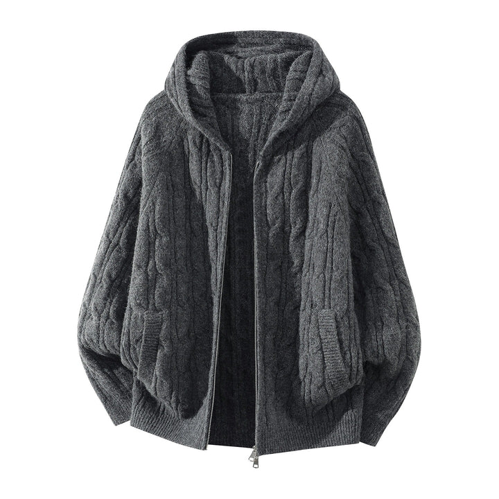 Damen Oversize Kapuzen-Strickjacke mit Zopfmuster und teilbarem Reißverschluss Echoarchiv