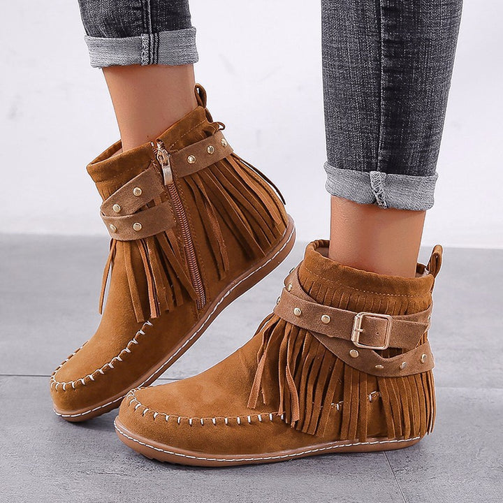 Damen nan Fransen-Mokassin-Stiefelette mit Ziergurt, Schnalle und weicher Gummisohle Echo Archiv
