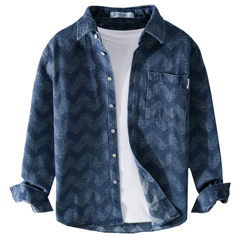 Herren Indigo-Struktur-Overshirt aus gewaschenem Denim mit Zickzack-Jacquard, Kentkragen und Brusttasche Echoarchiv