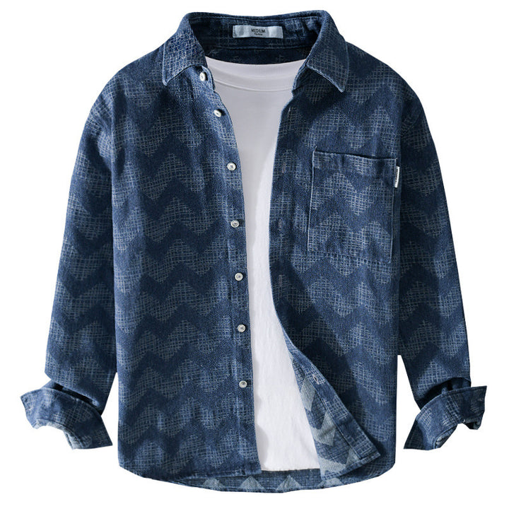 Herren Indigo-Struktur-Overshirt aus gewaschenem Denim mit Zickzack-Jacquard, Kentkragen und Brusttasche Echoarchiv