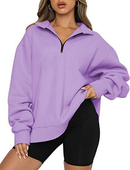 Damen oversized Sweatshirt mit halbem Reißverschluss, weichem Fleece-Innenfutter und Kängurutasche – Avérine