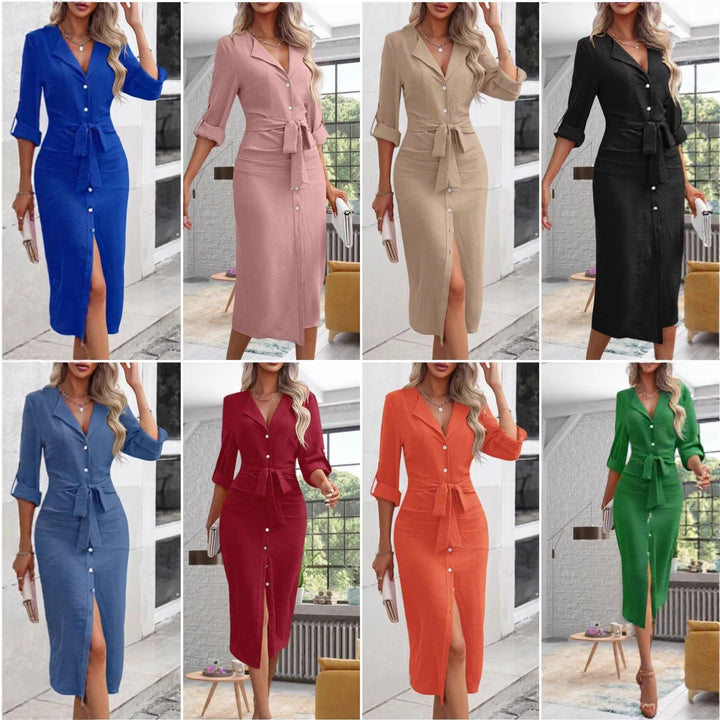 Damen Hemdblusenkleid mit Taillengürtel, Umschlagärmeln und vorderem Schlitz – Élara