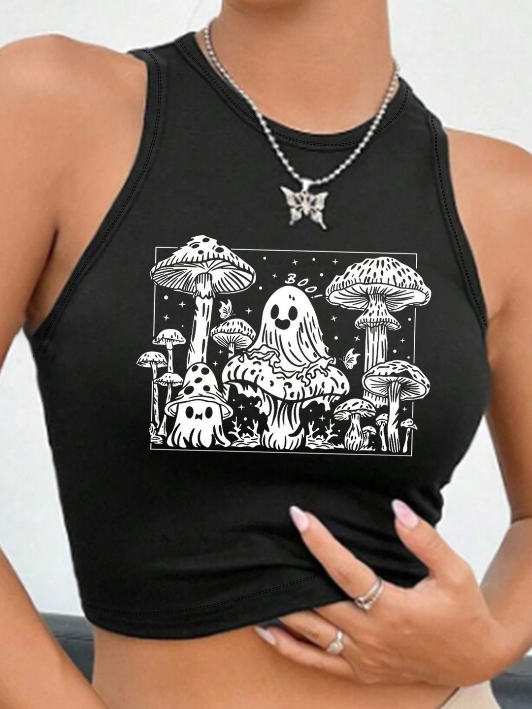 Damen Crop-Top mit modernem Grafikdruck und trendiger Schnalle Echo Archiv