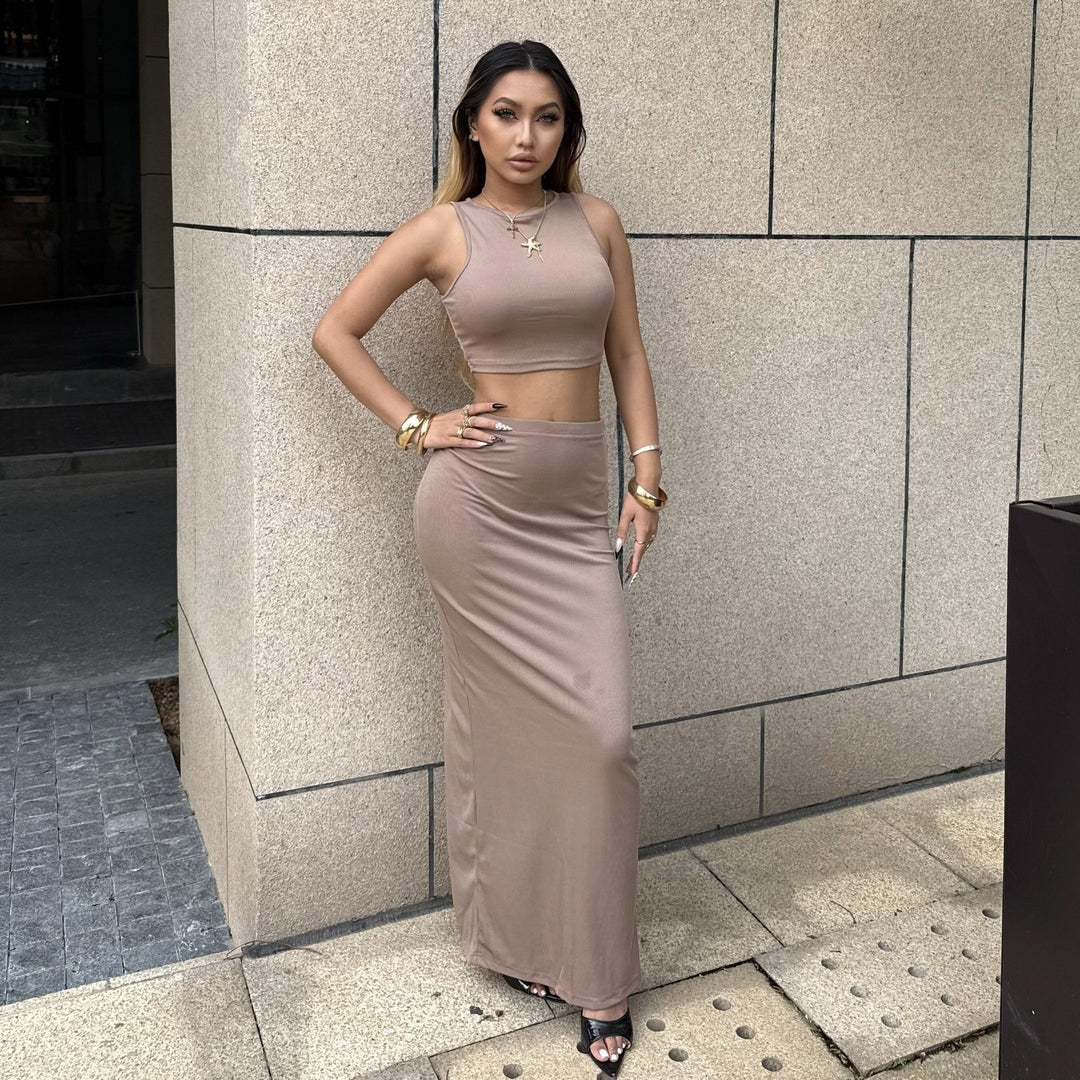 Damen Elegantes und figurbetontes Halbarm-Top mit hohem Schnitt und passendem Rock Echo Archiv
