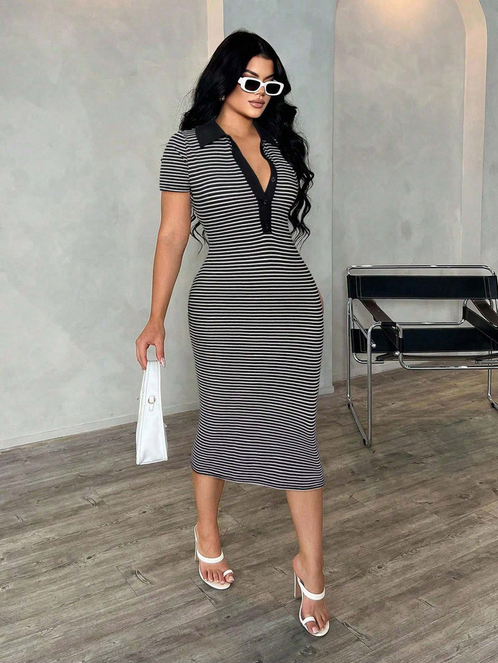 Damen Figurbetontes Polokleid im Streifen‑Look aus Rippstrick mit kurzem Ärmel – Élara