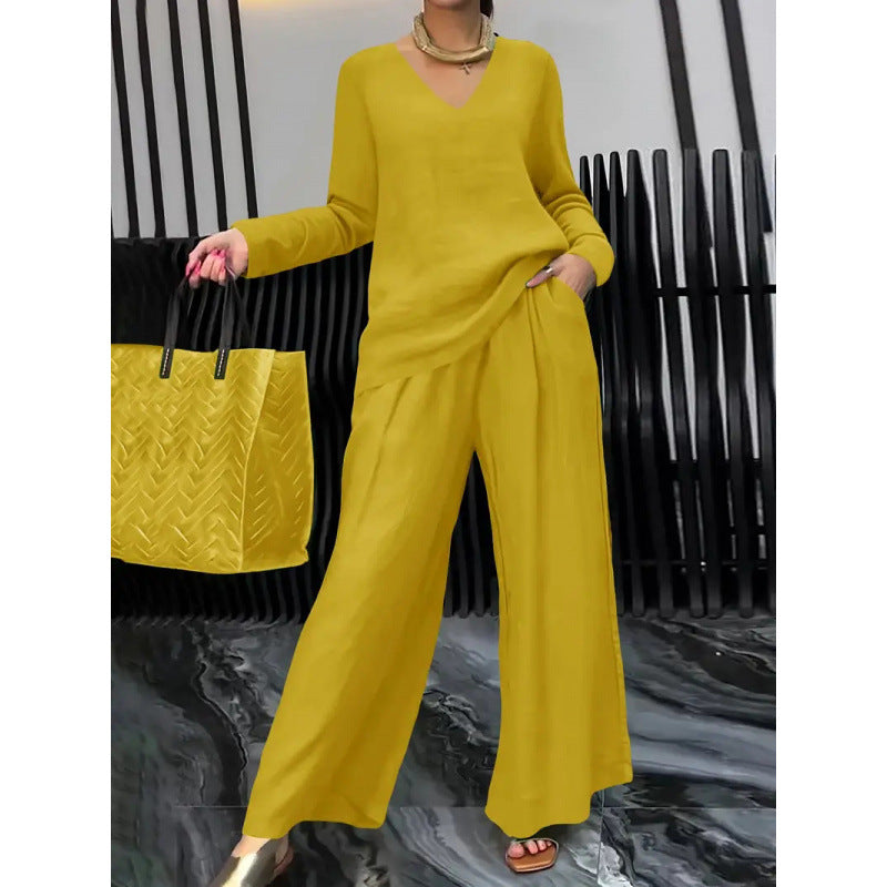 Damen Feiner V-Ausschnitt Strickpullover mit fließender Palazzo-Hose Echo Archiv