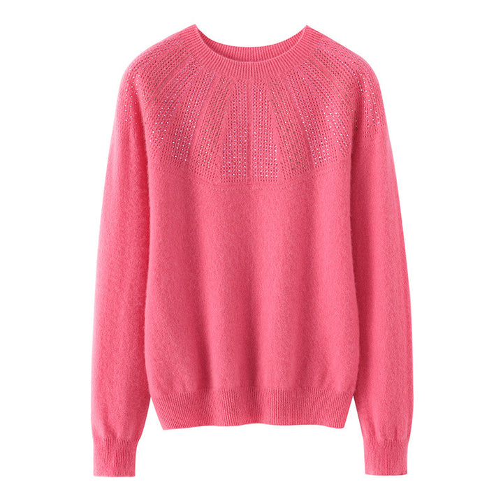 Damen Weicher Kaschmir‑Optik Feinstrickpullover mit Ajour‑Yoke und Paillettenbesatz Echoarchiv