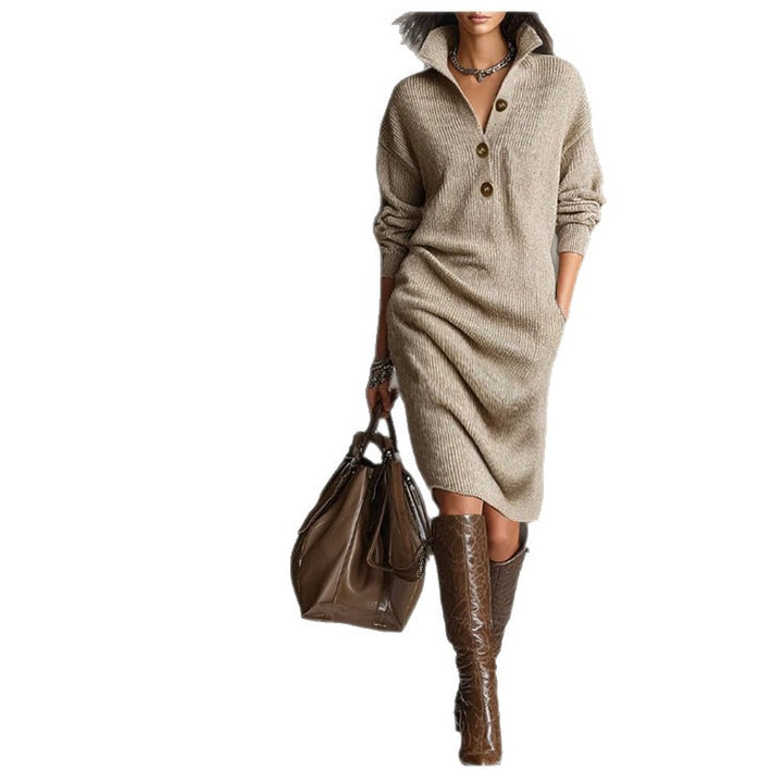 Damen nan gestricktes Pulloverkleid mit Polokragen, Eingrifftaschen und lässiger Passform Echo Archiv