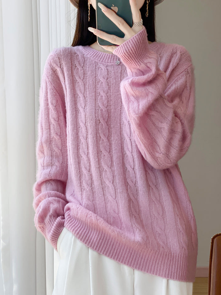 Damen Übergrößen Zopfmuster-Pullover im Mohair-Look mit geripptem Saum Echoarchiv