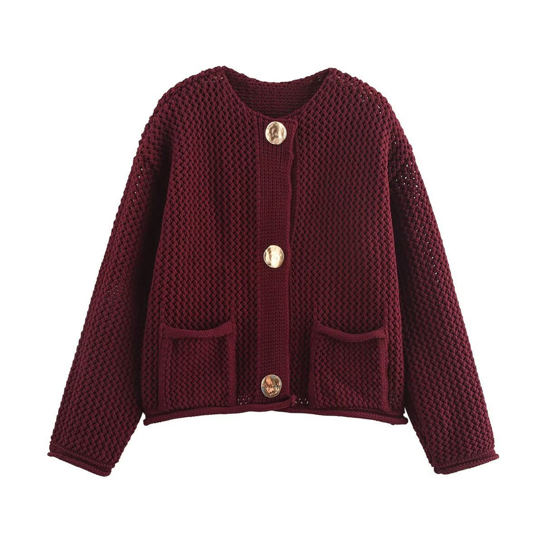 Damen Kurzgeschnittene strukturierte Strickjacke mit goldfarbenen Zierknöpfen und aufgesetzten Taschen Echo Archiv