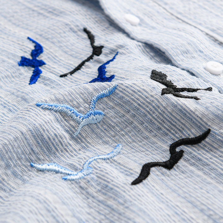Herren Leichtes gestreiftes Overshirt aus Leinen-Baumwollmix mit Vogelstickerei Echoarchiv