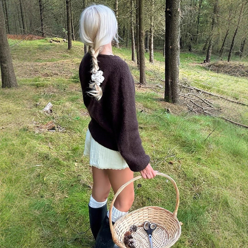 Damen Flauschiger Rundhals-Pullover mit Ballonärmeln und kastiger Silhouette Echoarchiv
