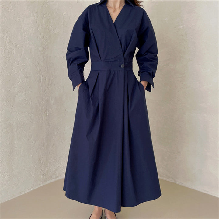 Damen Wickel-Hemdkleid mit tailliertem Bund, Kellerfalten und Eingrifftaschen – Valéora