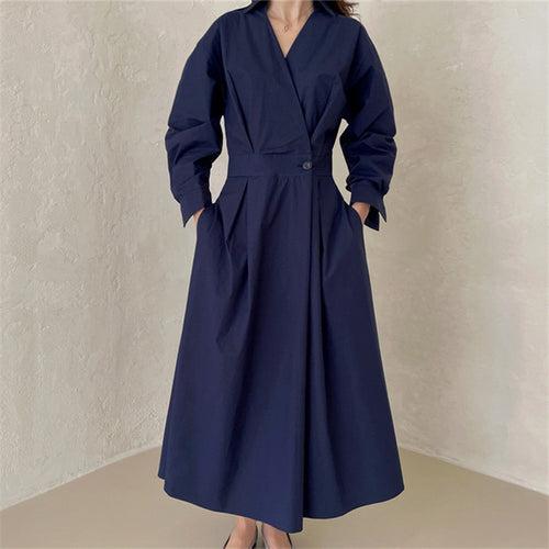 Damen Wickel-Hemdkleid mit tailliertem Bund, Kellerfalten und Eingrifftaschen – Valéora