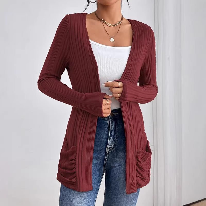 Damen Gerippter Langcardigan mit offener Front, Eingrifftaschen und legerer Passform – Veloura