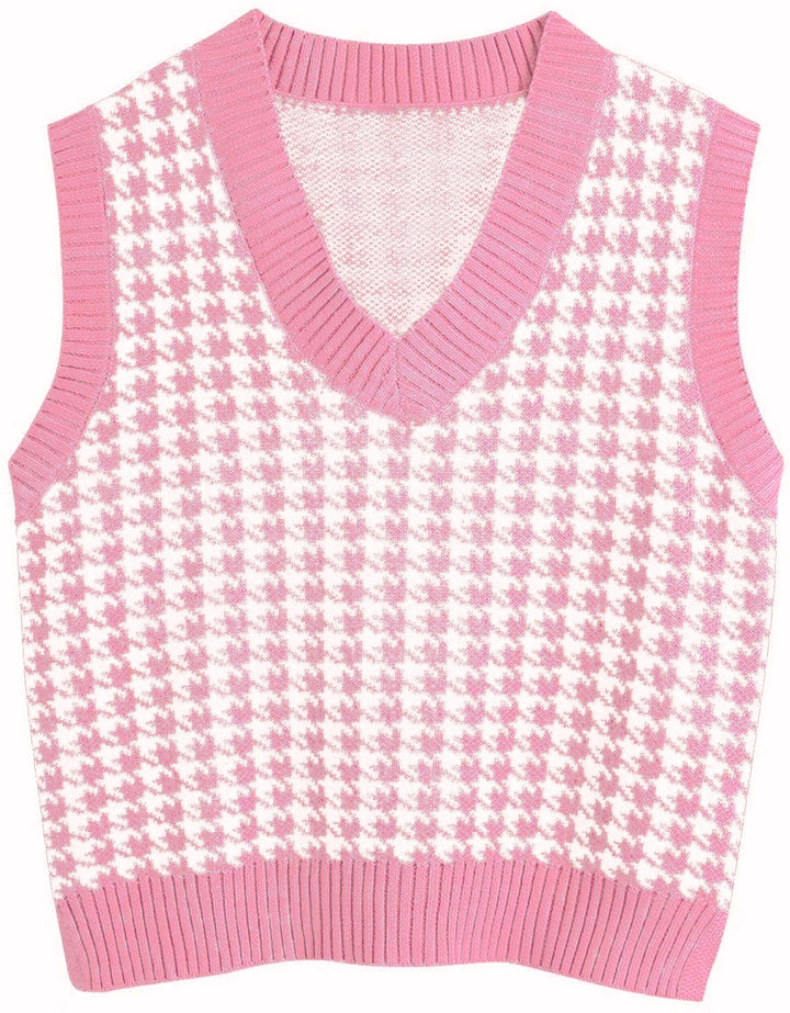 Damen Strickweste mit Hahnentritt-Muster, V-Ausschnitt und geripptem Saum Echo Archiv