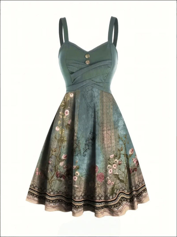 Damen A-Linien Kleid mit floralem Design und Zierknöpfen Echo Archiv