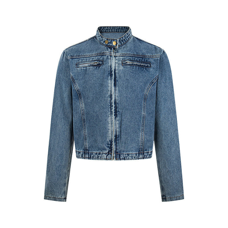 Damen Kurz geschnittene taillierte Jeansjacke mit Stehkragen und verdecktem Reißverschluss Echoarchiv