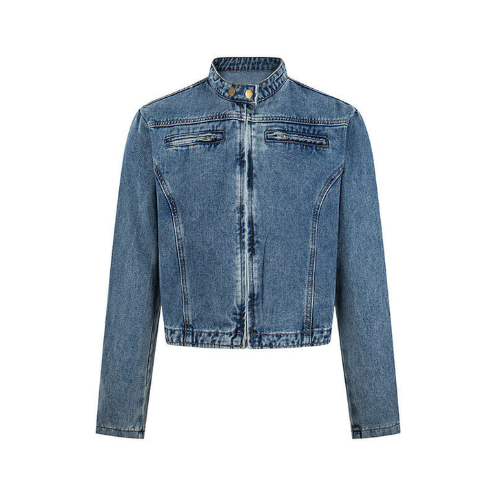 Damen Kurz geschnittene taillierte Jeansjacke mit Stehkragen und verdecktem Reißverschluss Echoarchiv