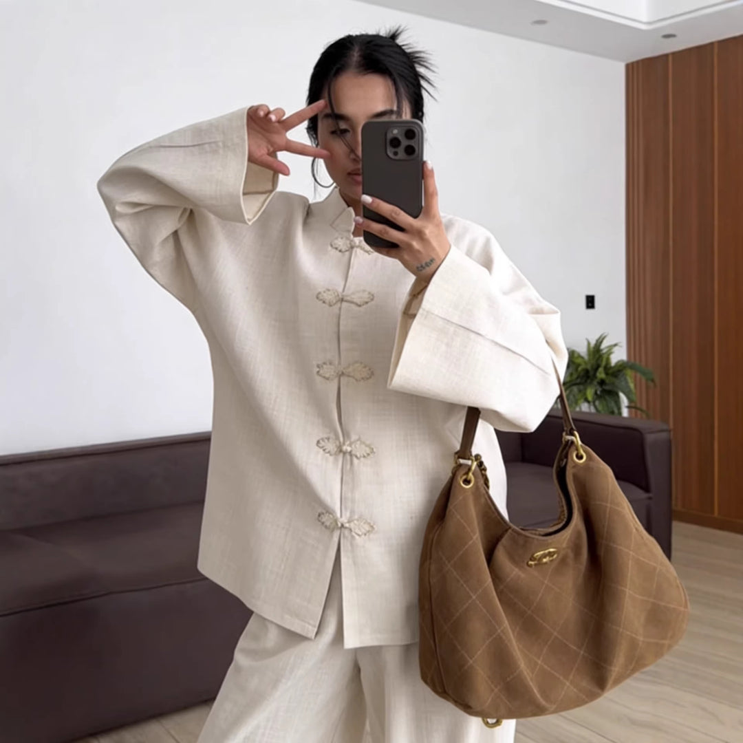 Damen Oversized Mandarinjacke mit Knotenverschlüssen und weitem Arm Echo Archiv