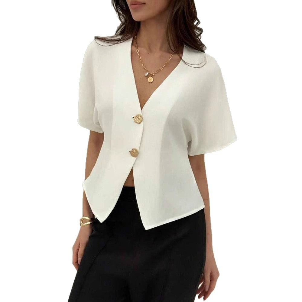 Damen Elegante V-Ausschnitt Bluse mit kurzen Kimonosärmeln und asymmetrischem Saum – Avérine