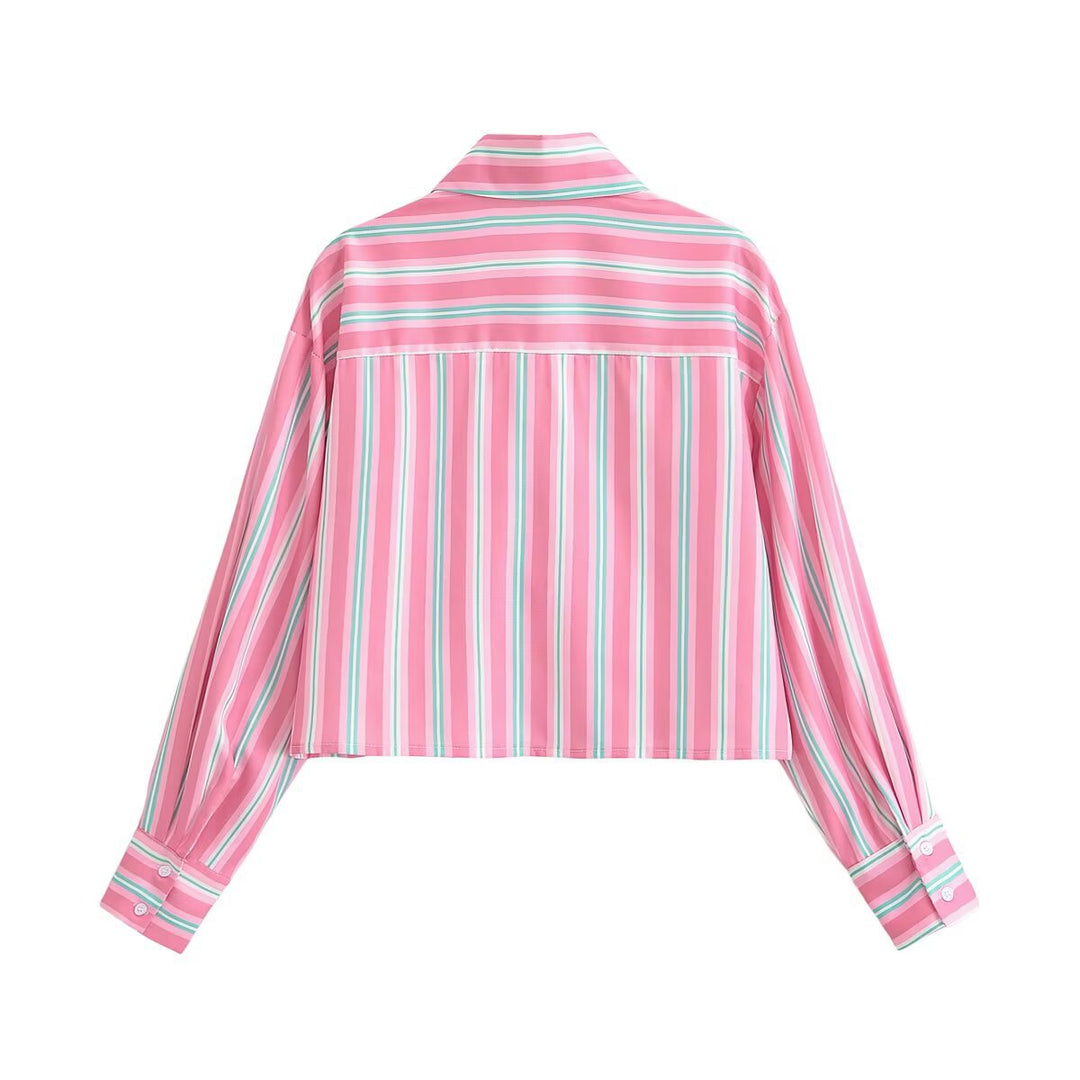 Damen Cropped-Hemdbluse im Streifenlook mit Spitzenbesatz und aufgesetzten Taschen Echo Archiv