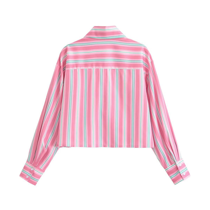 Damen Cropped-Hemdbluse im Streifenlook mit Spitzenbesatz und aufgesetzten Taschen Echo Archiv