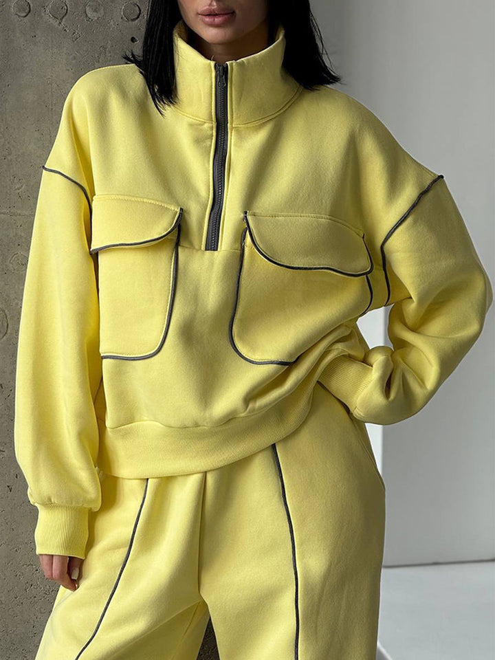 Damen nan Oversize Halbzip-Sweatshirt mit aufgesetzten Klappentaschen und Kontrastpaspeln Echo Archiv