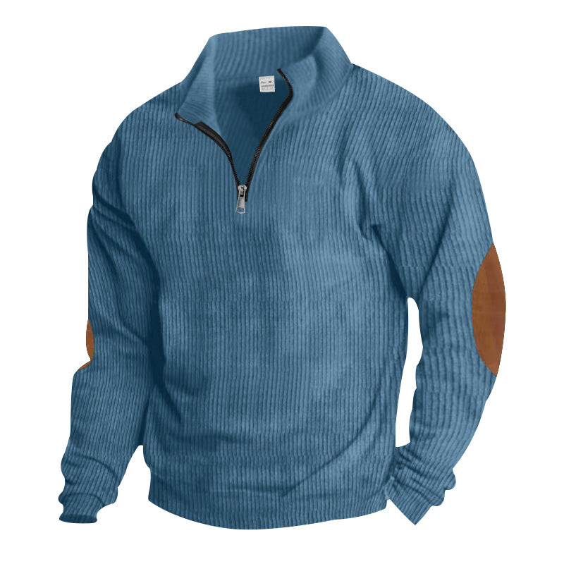 Herren nan gerippter Feinstrick-Pullover mit kurzem Reißverschluss Stehkragen und Lederoptik-Ellbogenpatches Echo Archiv