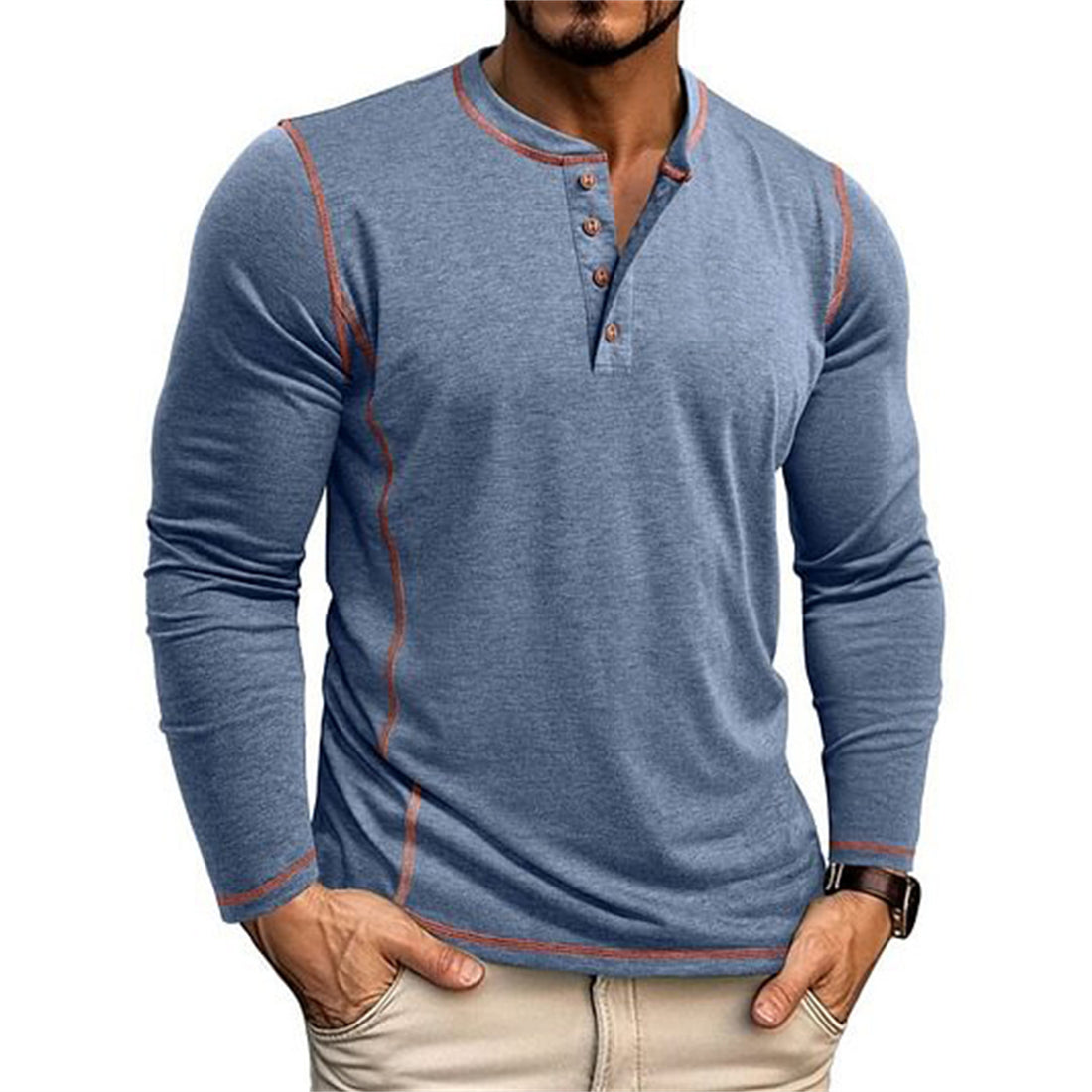 Herren Elastisches Langarm-Henley-Shirt mit Kontrastnähten und Knopfleiste EB – Orvano